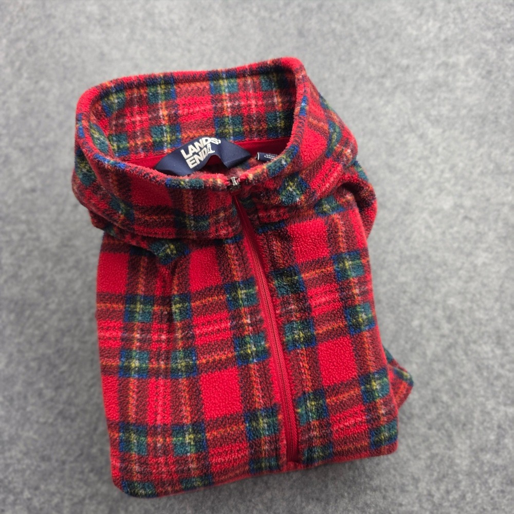 Lands End Mens Red Plaid Fleece Quarter Zip Pullover Sweater Large 14-16 - Picture 8 of 10